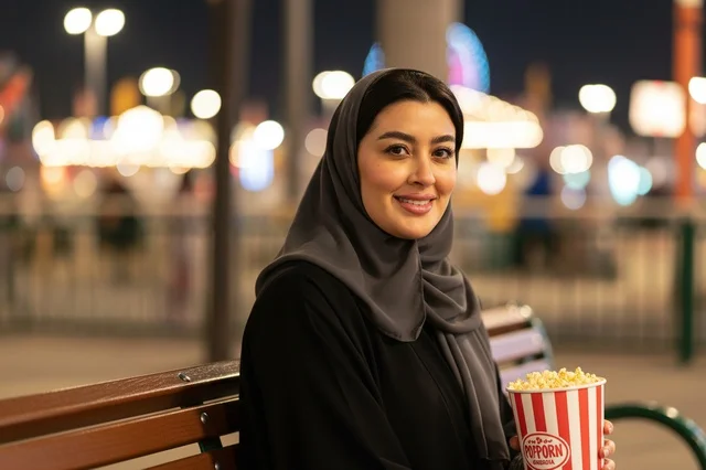 Arab Woman holding Popcorn at Theme Park at Night