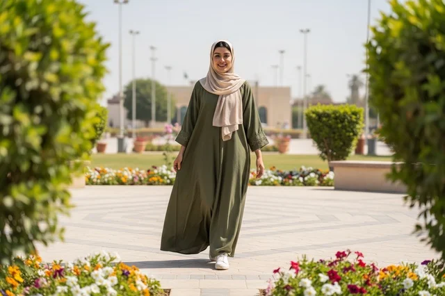 امرأة عربية بعباءة خضراء تمشي في حديقة عامة