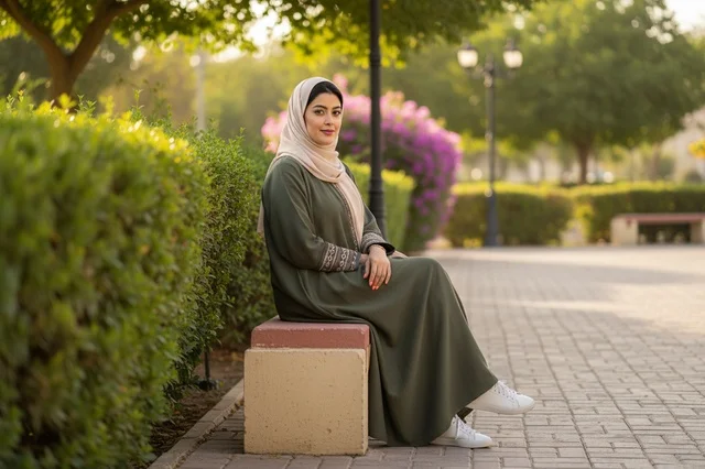 امرأة عربية بالعباءة الخضراء تجلس على مقعد بالحديقة