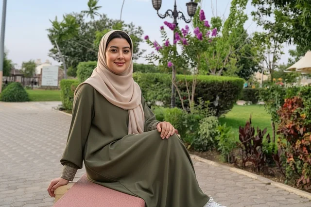 امرأة عربية مبتسمة بالحجاب تجلس على مقعد في الحديقة
