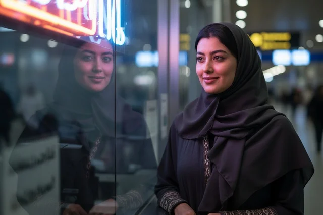 امرأة عربية بالحجاب أمام انعكاس النافذة الزجاجية ليلا
