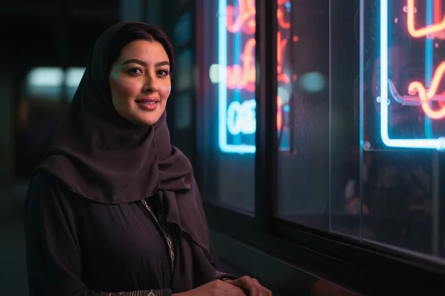 Arab Woman in Hijab Beside Neon Lights at Night