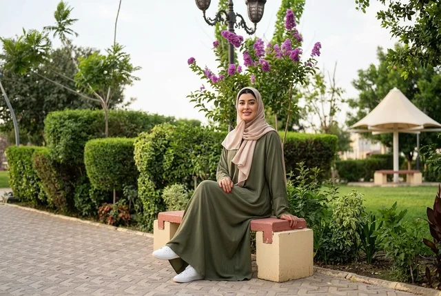 امرأة عربية بعباءة خضراء تجلس على مقعد في حديقة عامة