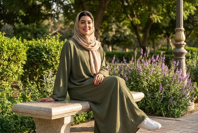 امرأة سعودية بالحجاب تجلس على مقعد في حديقة عامة