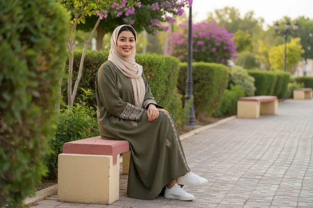 Smiling Arab Woman in Abaya Sitting on Park Bench