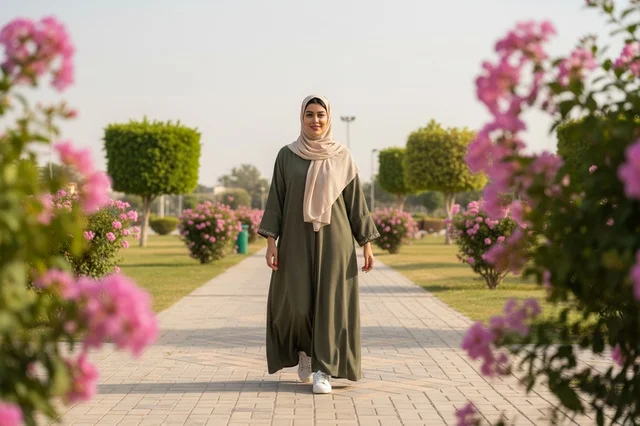 Arab Woman in Hijab and Abaya Walking in Sunny Park
