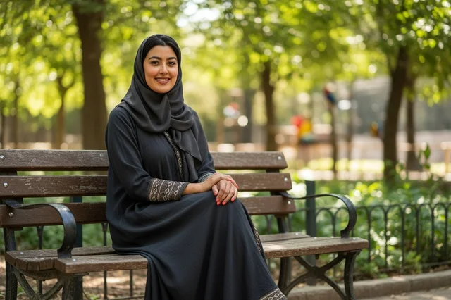 Smiling Saudi Woman in Hijab Sitting on Park Bench