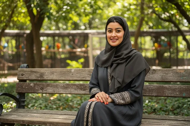 امرأة عربية بالعباءة والحجاب تجلس على مقعد بالحديقة امرأة عربية بالعباءة والحجاب تجلس على مقعد بالحديقة