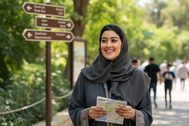 Arab Woman Holding Map at Zoo Outdoors