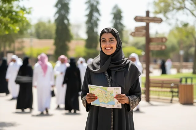 امرأة عربية مبتسمة تحمل خريطة سياحية في حديقة عامة