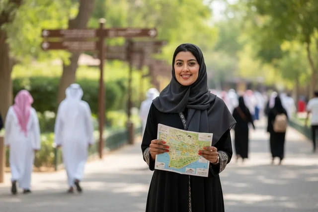 امرأة عربية بالعباءة تحمل خريطة سياحية في الحديقة