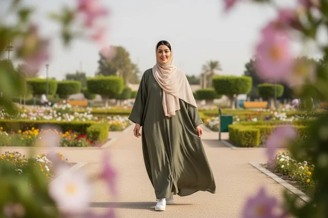 امرأة عربية بالعباءة الخضراء تمشي في الحديقة العامة