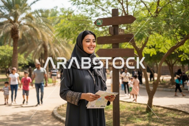 امرأة عربية مبتسمة تحمل خريطة في حديقة طبيعية