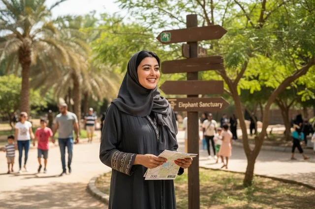 Smiling Arab Woman with Map at Outdoor Sanctuary