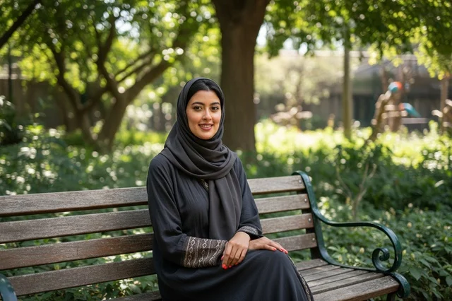 امرأة عربية بالعباءة السوداء تجلس على مقعد بالحديقة