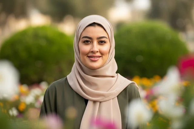 Smiling Arab Woman Wearing Hijab in a Flower Garden