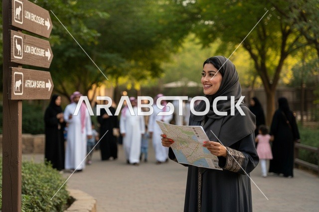 امرأة سعودية مبتسمة تحمل خريطة ورقية في حديقة الحيوان