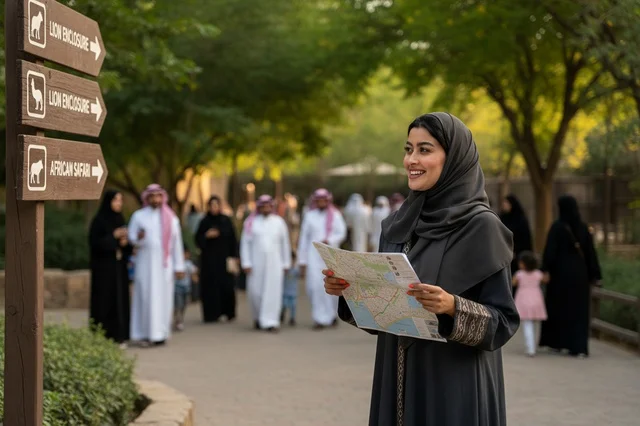 امرأة سعودية مبتسمة تحمل خريطة ورقية في حديقة الحيوان