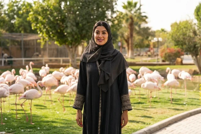 امرأة عربية بالعباءة مع طيور الفلامنجو في الحديقة