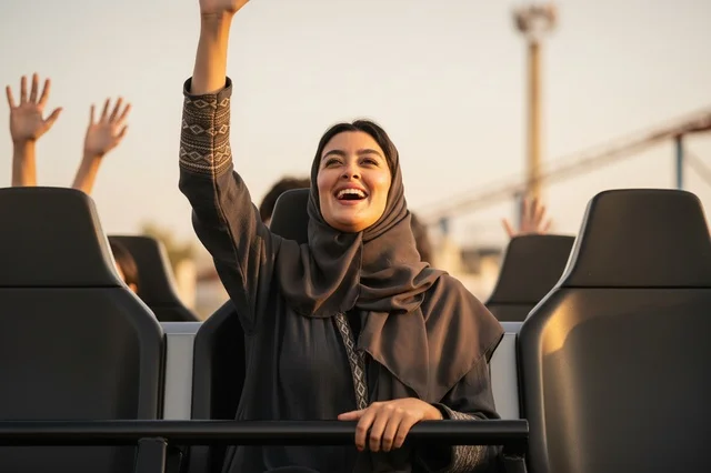 Smiling Arab Woman Riding Roller Coaster at Theme Park
