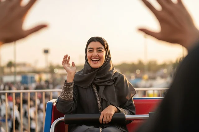 Arab Woman in Hijab Smiling on Amusement Park Ride
