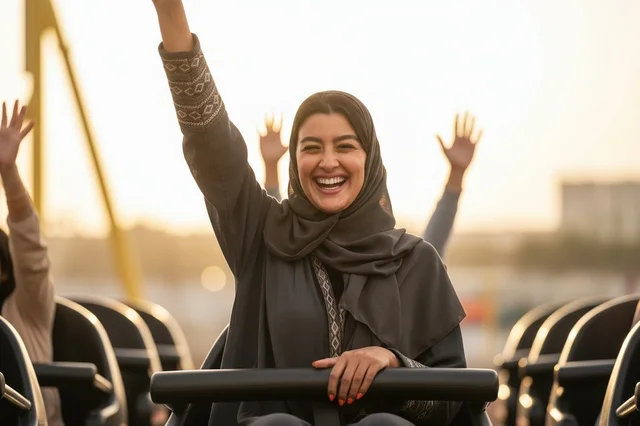 امرأة عربية محجبة تركب قطار الموت في مدينة الملاهي