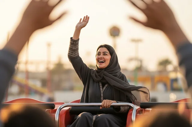 امرأة سعودية تركب قطار الموت في الملاهي وقت الغروب