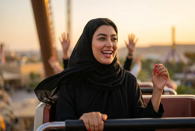 امرأة سعودية تستمتع بالألعاب في الملاهي وقت الغروب