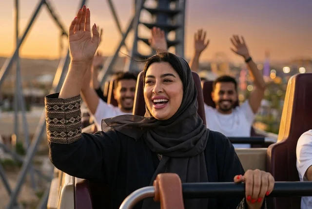 امرأة عربية في مدينة الملاهي وقت الغروب