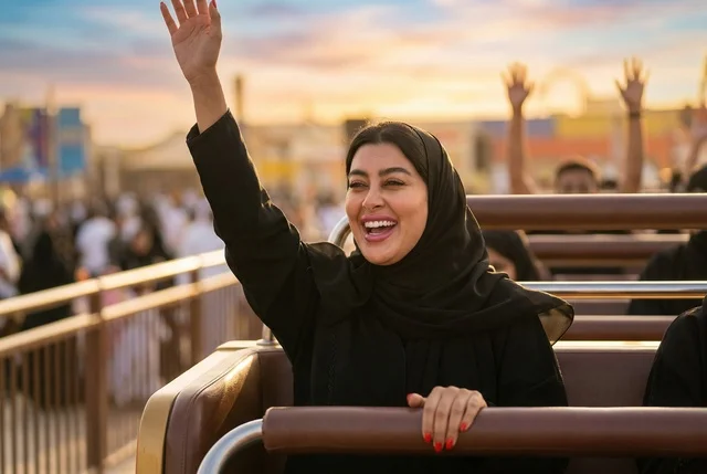 امرأة عربية تركب الأفعوانية في مدينة الملاهي وقت الغروب