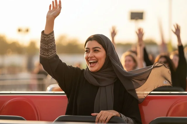 Joyful Saudi Woman on Open Top Tour Bus at Sunset Joyful Saudi Woman on Open Top Tour Bus at Sunset