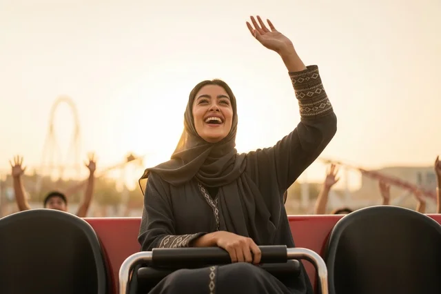 امرأة سعودية بالعباءة في مدينة الملاهي وقت الغروب