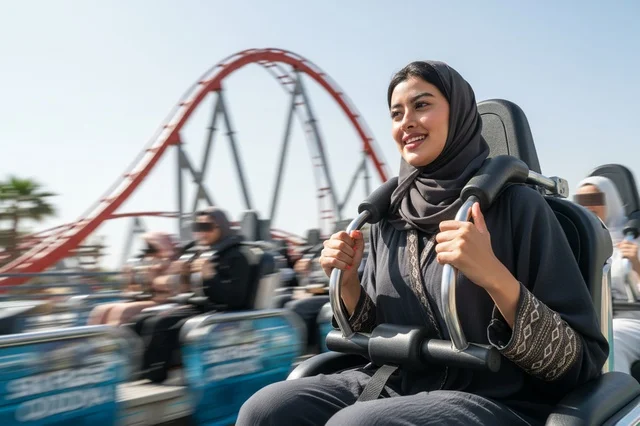 امرأة سعودية تركب قطار الموت في مدينة الملاهي
