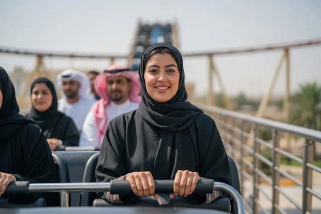 امرأة عربية بالعباءة تركب الأفعوانية في مدينة الملاهي