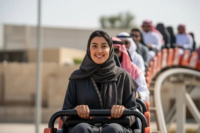 Smiling Saudi Woman Riding Roller Coaster at Theme Park