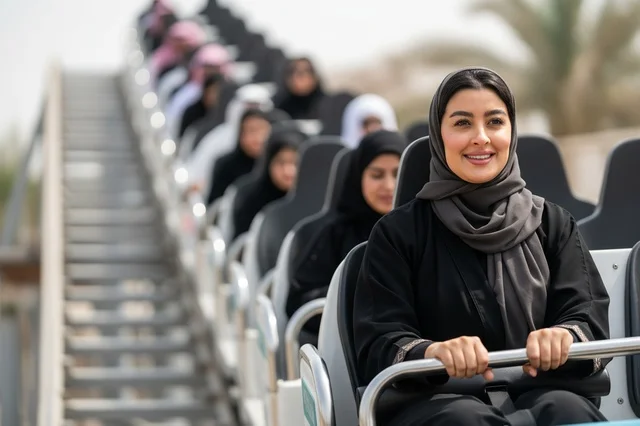 امرأة سعودية تبتسم أثناء ركوب الأفعوانية في الملاهي
