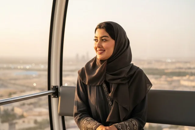امرأة عربية في كابينة العجلة الدوارة وقت الغروب