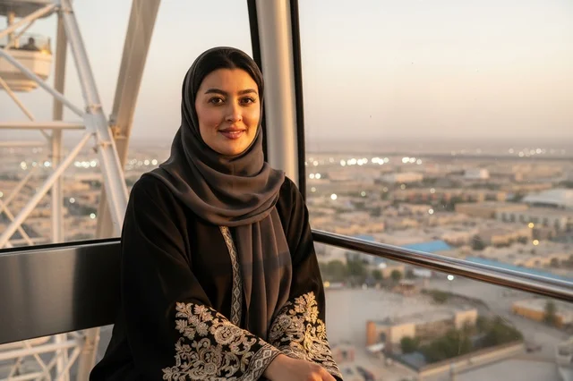 امرأة عربية بالعباءة في مقصورة عجلة فيريس وقت الغروب