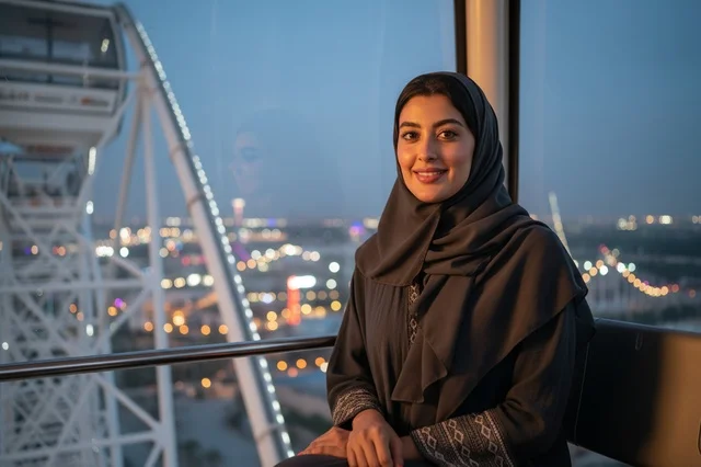 امرأة عربية بالعباءة في مقصورة العجلة الدوارة ليلاً
