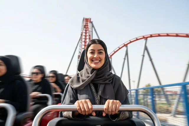 Arab Woman on Amusement Park Roller Coaster Ride