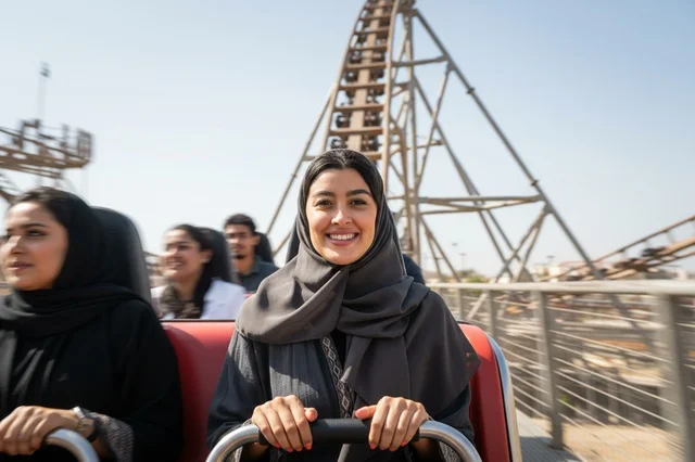 Arab Woman Riding Roller Coaster at Amusement Park
