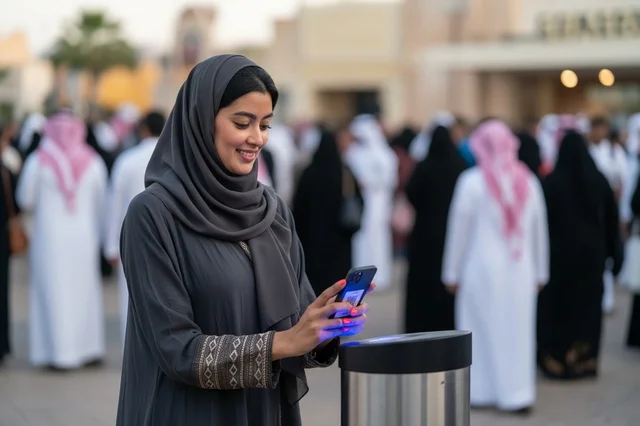 امرأة سعودية تمسح تذكرة إلكترونية بالهاتف الذكي