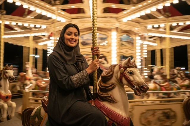 امرأة عربية تبتسم وتركب لعبة الدوارة في الملاهي ليلاً