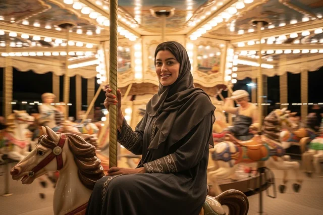 Arab Woman Riding Carousel at Theme Park Night
