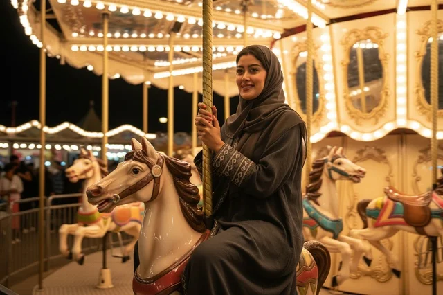 امرأة سعودية بالعباءة تركب حصان الملاهي الدوار ليلا