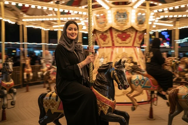 Arab Woman Riding Carousel Horse at Theme Park at Night