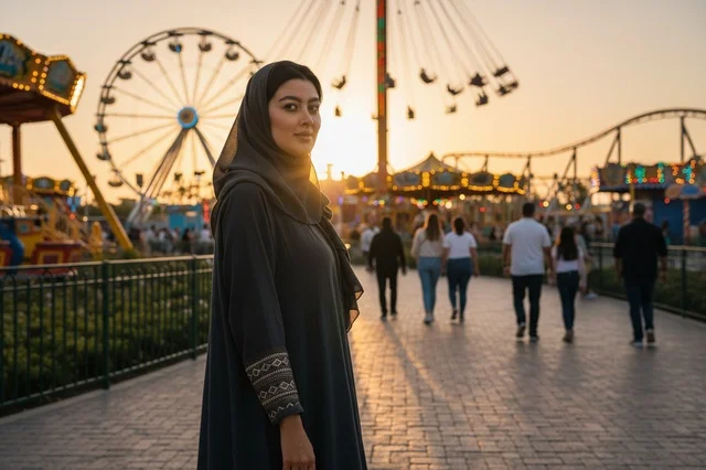 امرأة عربية بالعباءة في مدينة الملاهي وقت الغروب