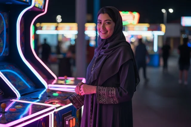 امرأة عربية تبتسم بجوار ألعاب الفيديو في الملاهي ليلاً