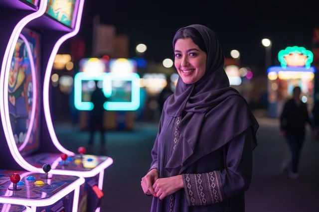 امرأة عربية مبتسمة بجانب ألعاب النيون في الملاهي ليلاً
