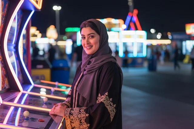 امرأة عربية في مدينة الملاهي ليلا مع أضواء النيون